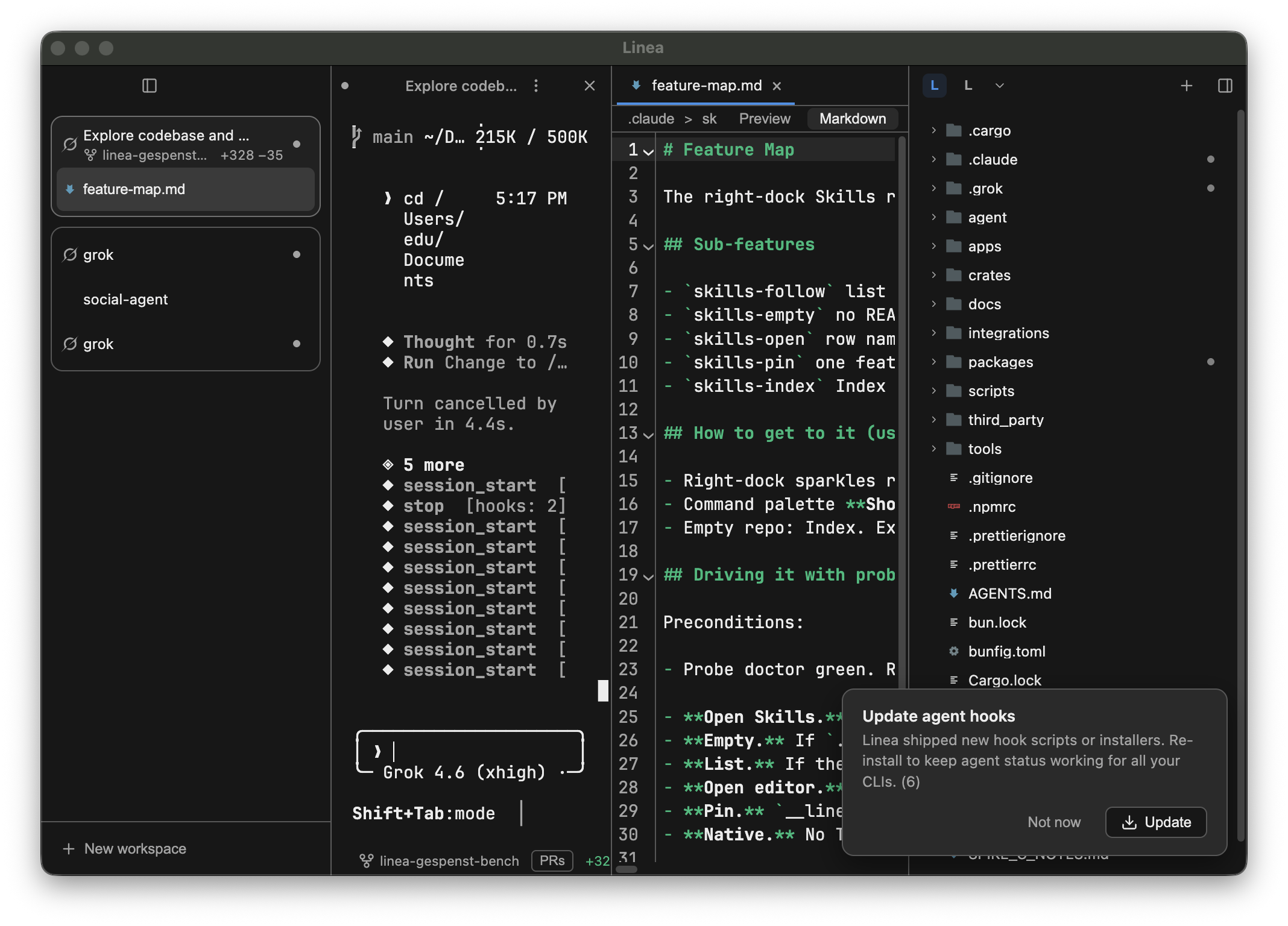 Línea on Deno Desktop, cell-grid terminal