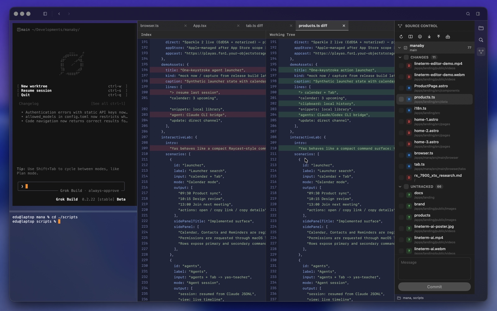 Linea's Git panel reviewing AI-made changes with staged hunks and a commit in progress