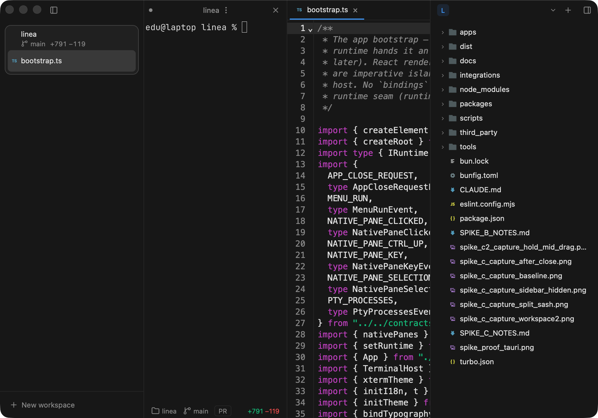 Linea's built-in editor with a TypeScript file open between the terminal and the file tree