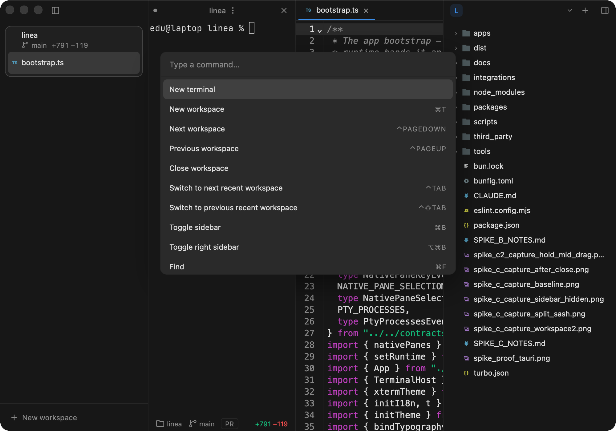 Linea's command palette listing commands with their keyboard shortcuts over the workspace
