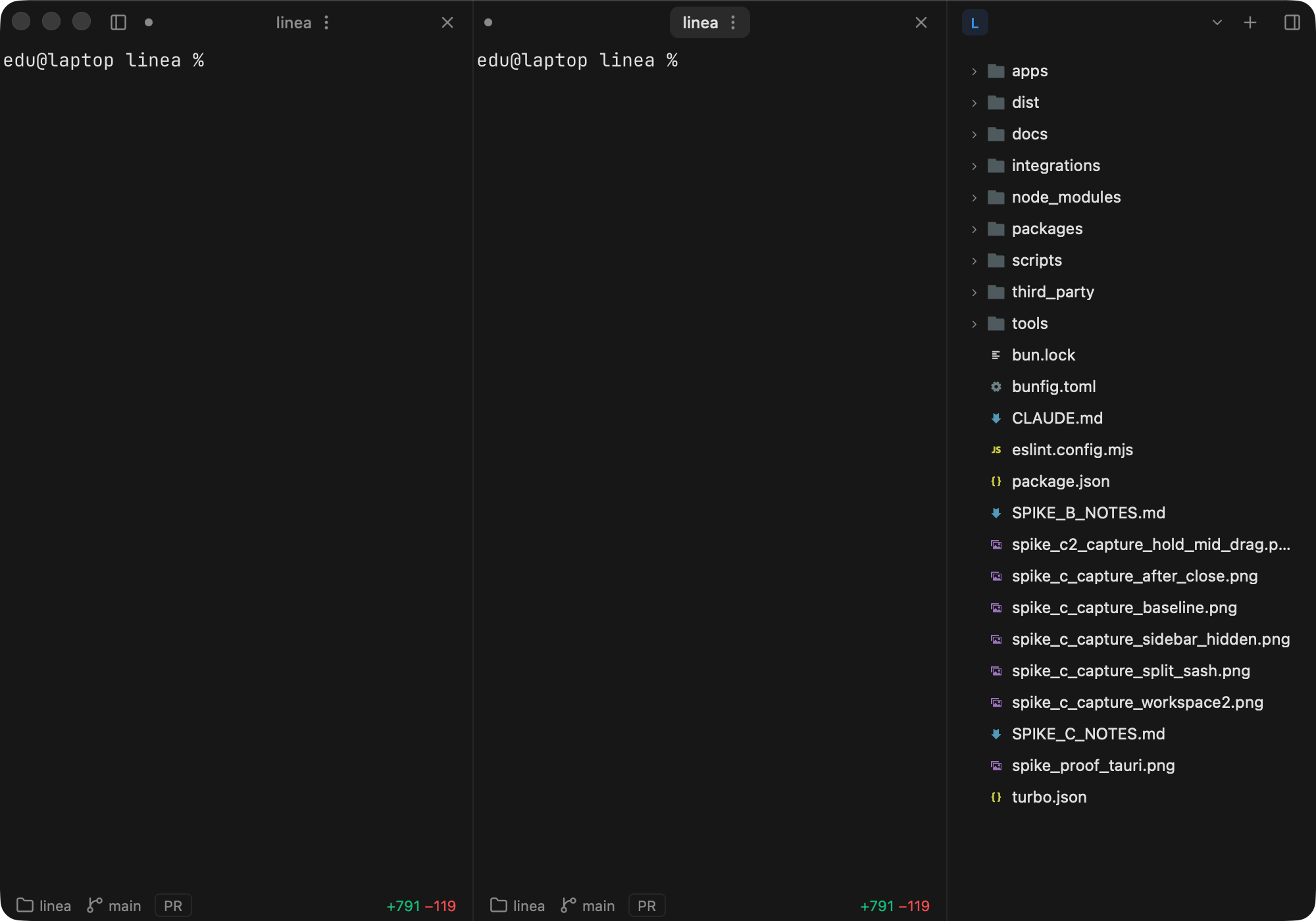 Linea's workspace: two terminal panes side by side with the project file tree following the shell's directory