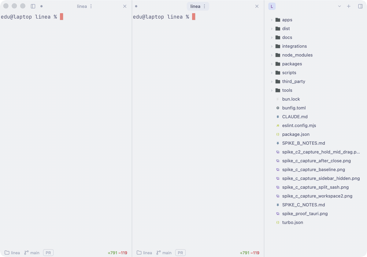 Linea cycling through its twelve built-in themes — the native terminal panes retint live