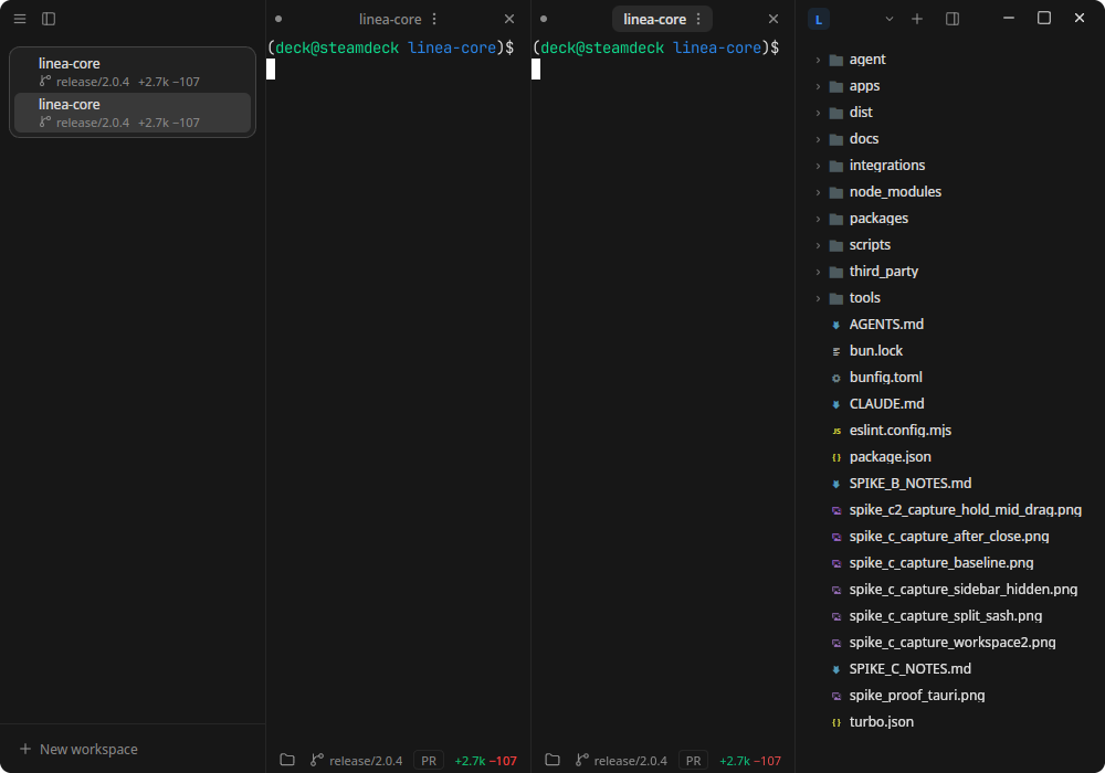 Línea on Linux: two terminal panes side by side with the project file tree, drawn with client-side decorations