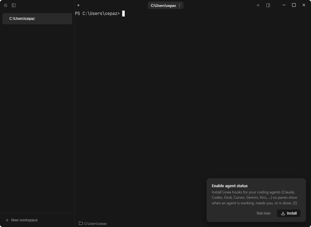Línea on Windows 11: a native terminal pane running PowerShell, with the workspace rail on the left and the agent-status prompt at the bottom