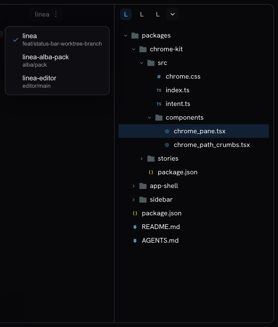 Linea file tree with the worktree picker open