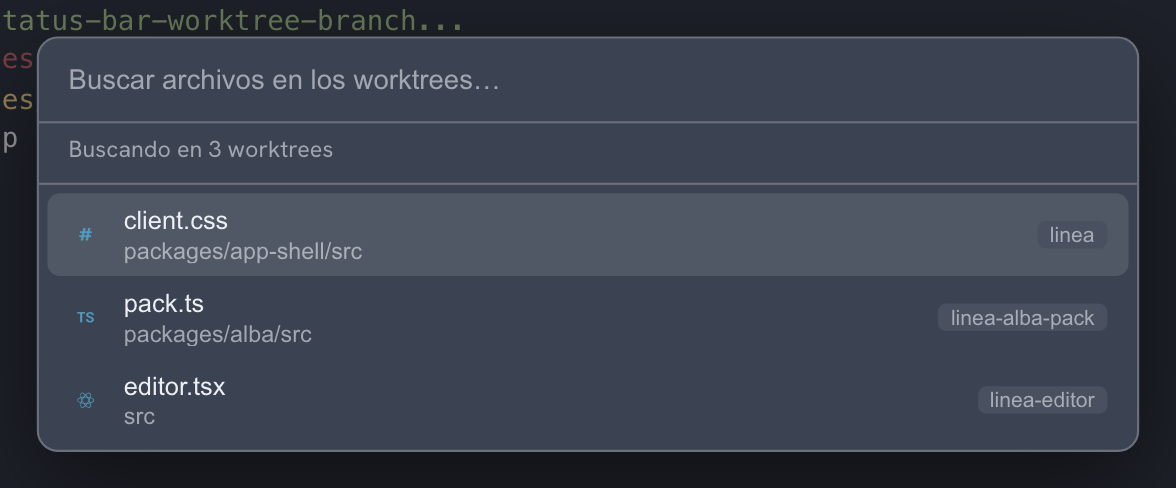 Linea command palette to search files across worktrees