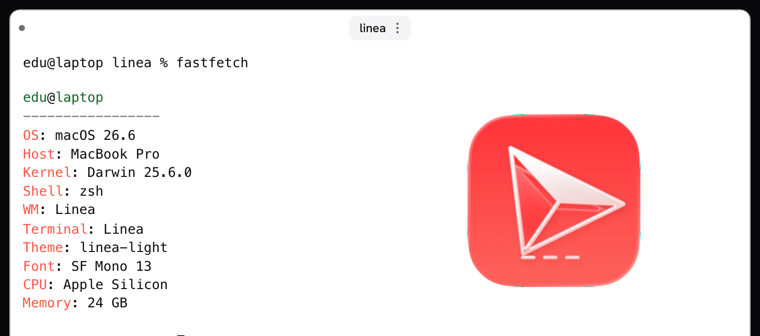 Linea terminal showing fastfetch with the logo