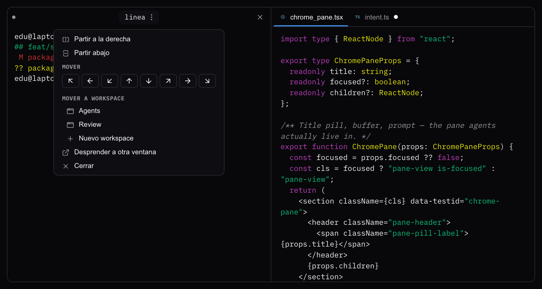 Linea pane menu to split and move the view