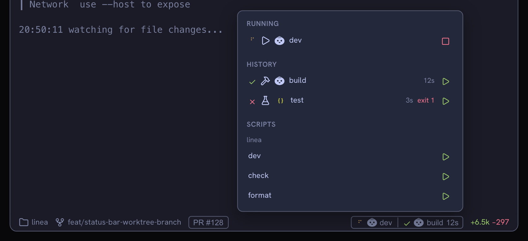 Linea terminal with the status bar and the command panel open